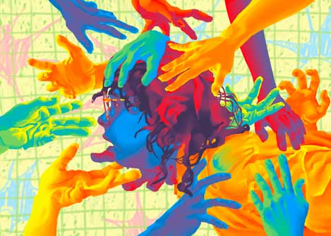 A colorful digital painting with a bunch of hands stretching out from the sides. The figure in the middle has wet hair and glasses.